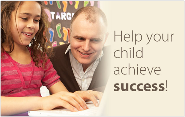 A father and daughter sitting together at a computer with the words "Help your child achieve success" next to them